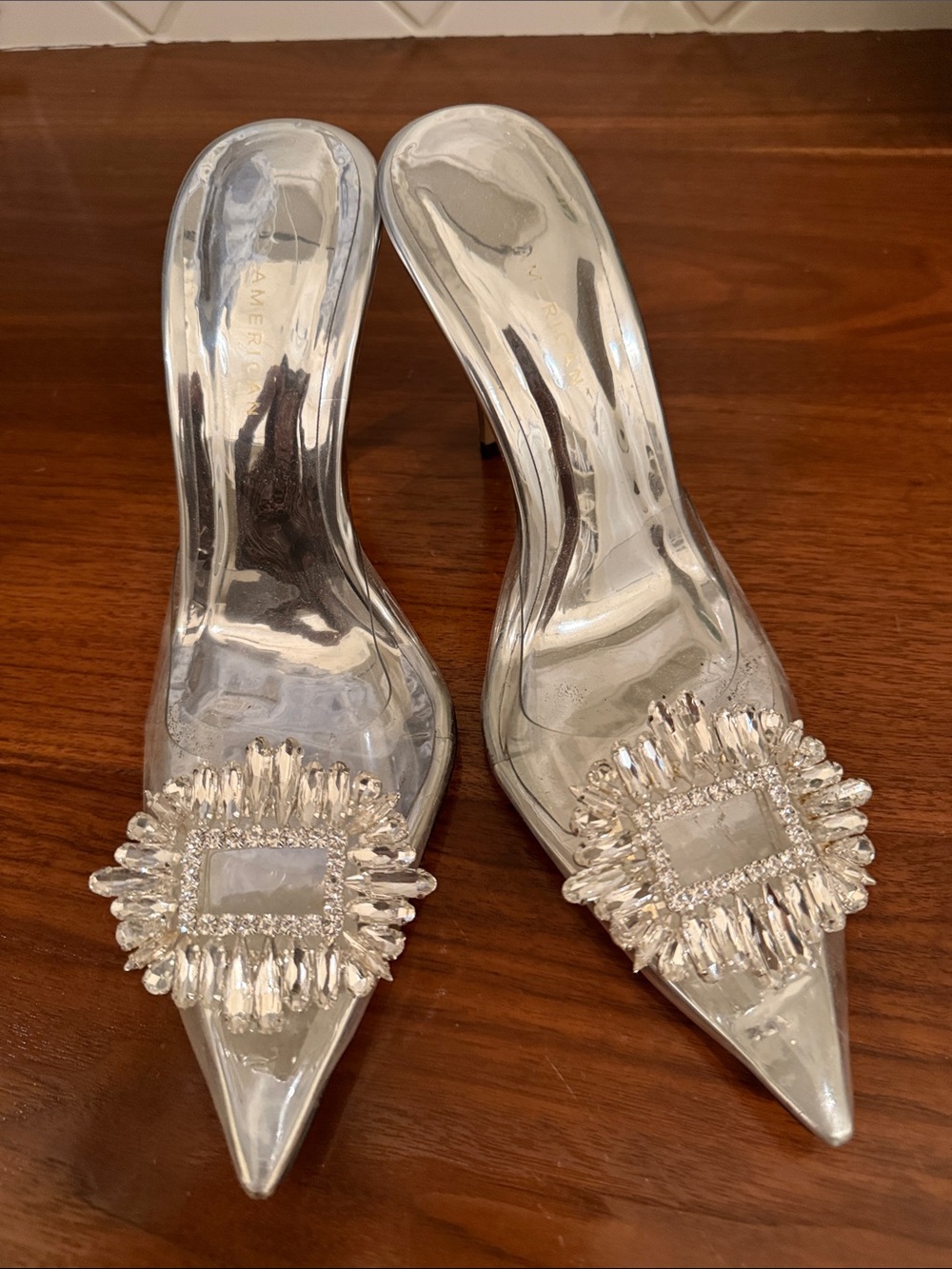 Good American Silver Crystal-Embellished Pointed Mules